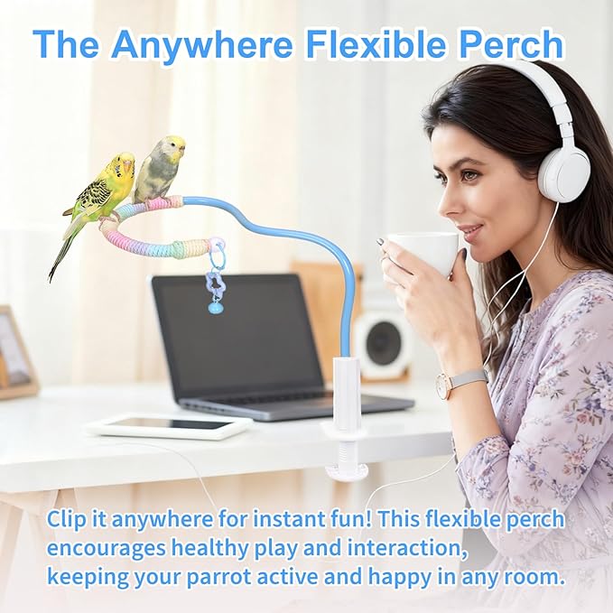 Flexible Bird Perch Stand with Bell - Parrot Toy & Desktop Training Playstand for Budgies, Cockatiels, Lovebirds, Conures, Parakeets - Colorful Playground Accessories (Blue, Medium)
