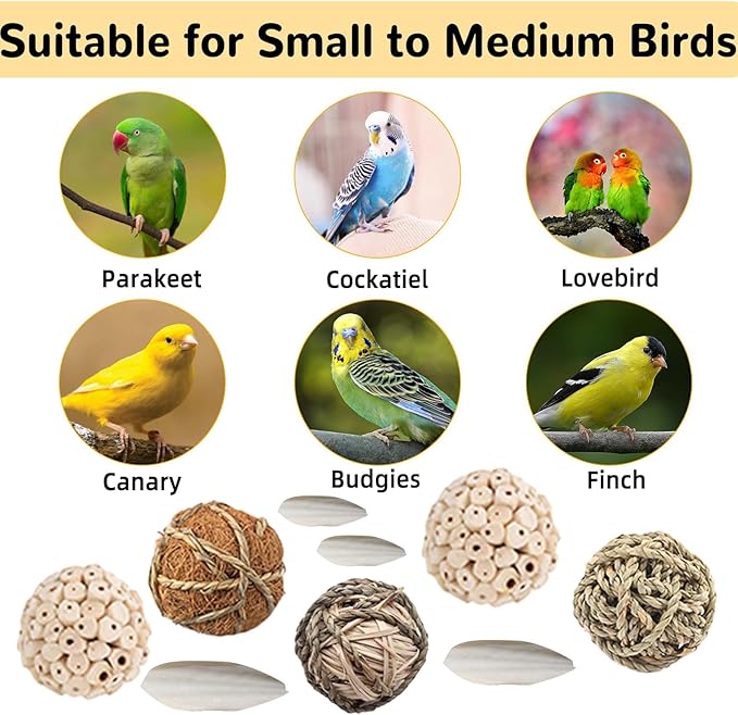 10PCS Bird Toys Sola Balls 2.36IN Parakeet Toys 2.76IN Natural Chew Grass Balls with Cuttlebone for Parrots Conures Rabbits Hamster Guinea Pig Chinchilla (Style 1)