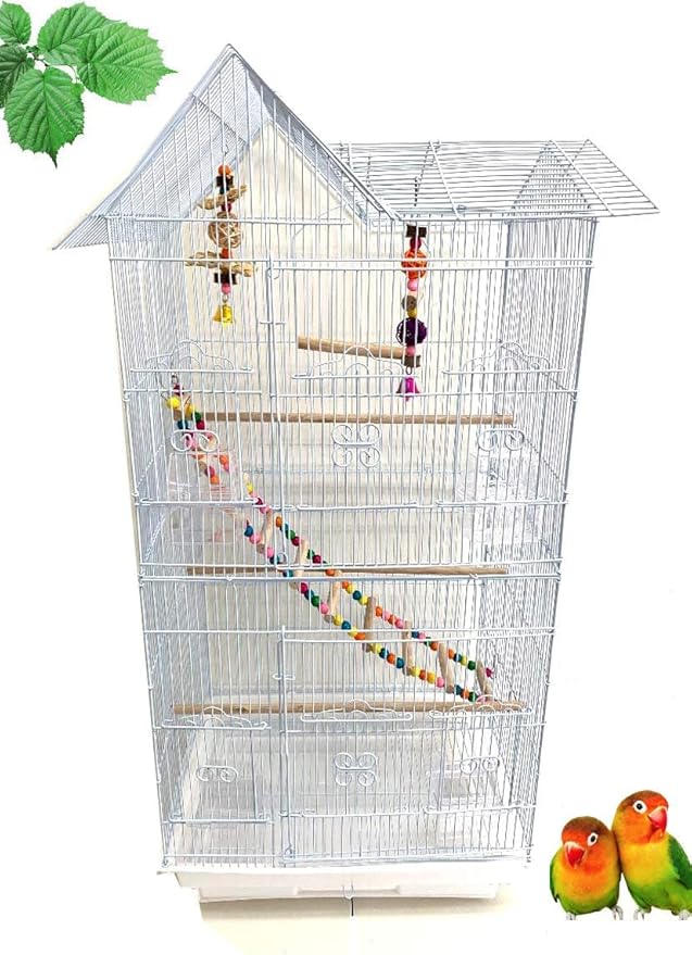 37-Inch Large Portable Double Roof Top Hanging Flight Breeding Bird Cage Play Toy Ladder For Small Parrot Cockatiel Sun Quaker Parakeet Green Cheek Conure Finch Canary Budgie Lovebird Travel Bird Cage