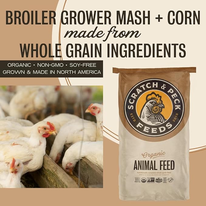 Scratch and Peck Whole Grain Grower Mash Broiler Chicken Feed - 40 lbs Bag - Soy-Free - 19% Protein, Certified Organic and Non-GMO Project Verified Chicken Food