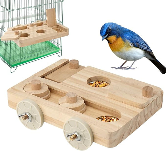 Wooden Bird Foraging Puzzle Toys for Small Parrots, Foraging Toys for Birds, Interactive Mental Enrichment and Seed Feeder Toy for Budgies, Parrotlets, Cage Foraging Training Toy (7.2" x 5.4" x 1.3")