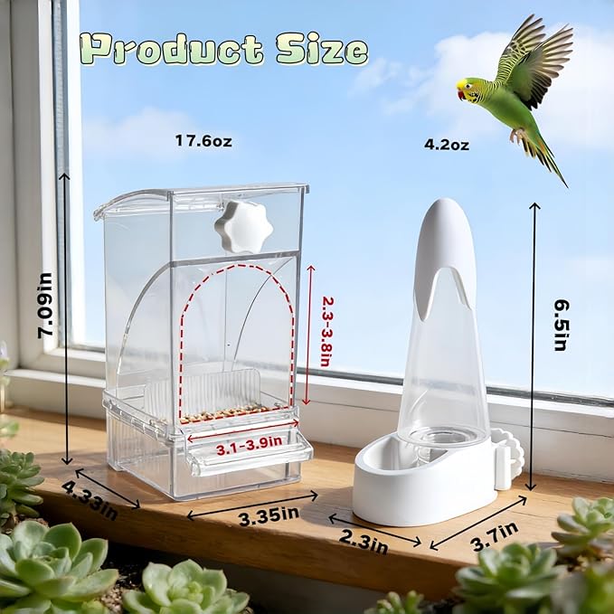 Automatic No Mess Bird Feeder and Water Dispenser Set, Acrylic Food Container and Drinker Bowl for Parrot Cage, Easy Clean Accessories for Parakeets Cockatiels Lovebirds and Other Small Pets