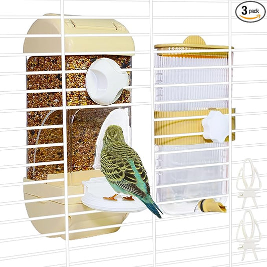 Automatic Bird Feeder Waterer Kit Bird Cage Hanging Waterer Parakeet Leak-Proof Feeder Parrot Vegetable Clips Cage Accessories for Budgies Lovebirds Finches Canaries Parrotlets Conures (Yellow)