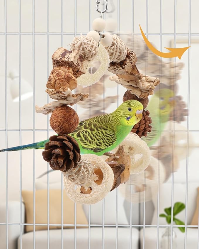 Hypeety Bird Swing for Cage Sisal-Wrapped Natural Wooden Perch Bird Foraging Round Swing Toys Parrot Stable Triangle Hanging Balance Training Toys for Lovebirds Cockatiels Budgies and Small Birds