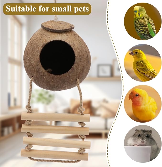 Hypeety Natural Coconut Hideaway Birds Toys Decorative Bird Nest Cage House with Bird Ladder Parakeet Budgie Cage Bird Nest