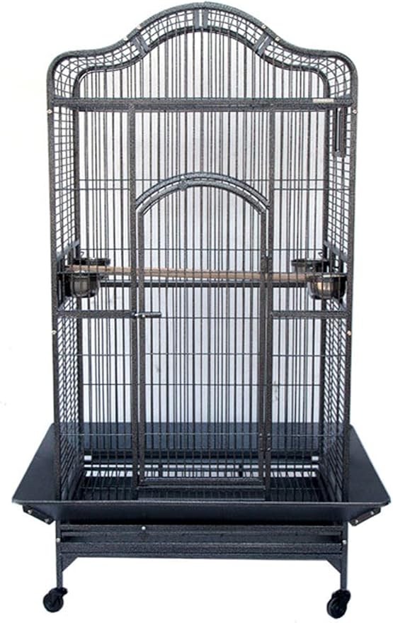Extra Large Elegant Wrought Iron Open/Close Dome Top Perch Stand Bird Parrot Finch Macaw Cockatoo Rolling Cage (BlackVein, 35.5" W x 29.5" D x 62" H)
