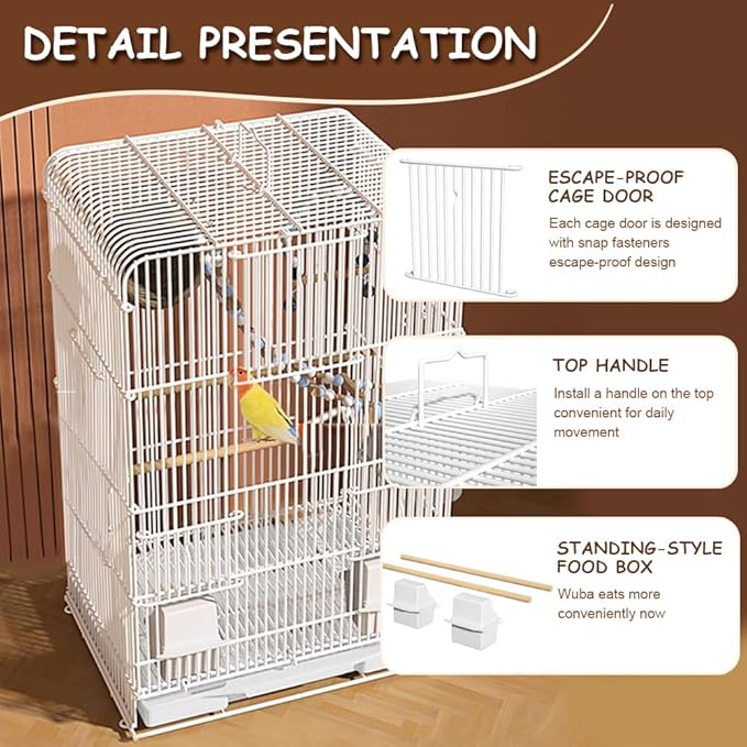 Upgraded Encrypted 23.6-Inch Bird Cage with Top Handle, Metal Parakeet Cage with Removable Slide-Out Tray, Lightweight Travel Bird Cage for Small Medium Birds Home Use