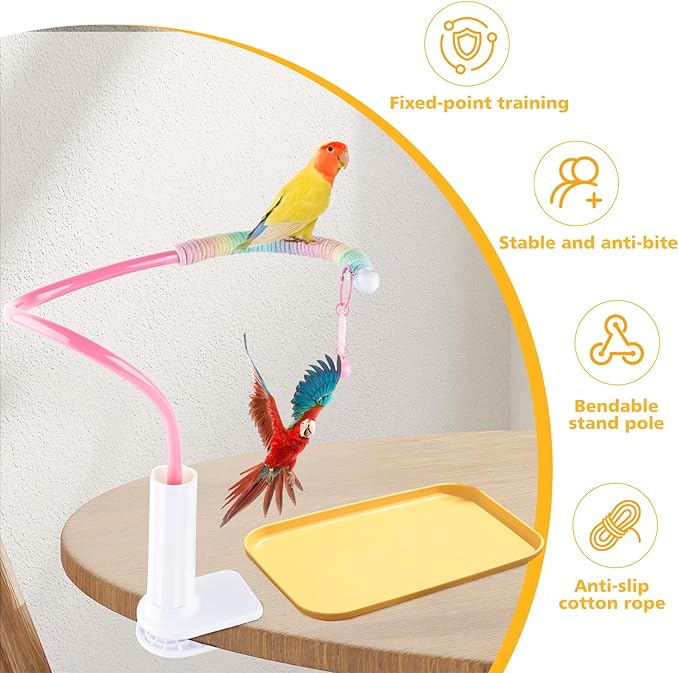Bird Perch Stand,Bendable Desktop Parrot Training Stand with Tray,Easy to Clean Bird Tabletop Platform Toy,Parakeet Playground Play Stand for Lovebirds Pigeon Budgies,Small Animals