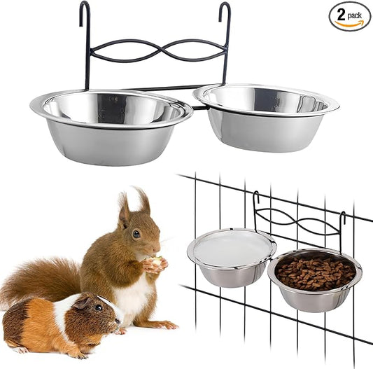 kathson Hanging Bird Bowls for Cage, 2 PCS Stainless Steel Metal Pet Food Water Dishes with Holder Feeder Cage Coop Hook Feeder Cups for Birds, Parrots, Small Sized Dogs and Cats(5.1 Inch Dia)