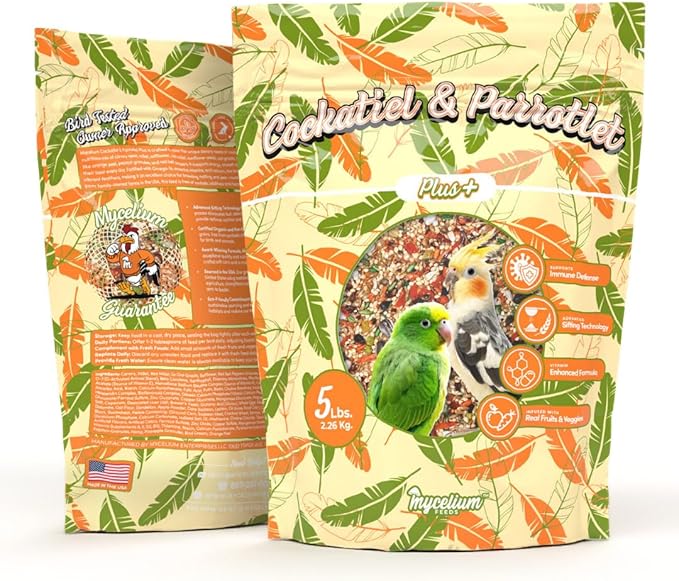 Mycelium Cockatiel & Parrotlet Plus Bird Seed (5 LB Bag) | Organic Pet Bird Food w/Fruits, Veggies & Pellets | Vitamin-Enriched Complete Daily Blend | Non-GMO, No Fillers, Made in USA