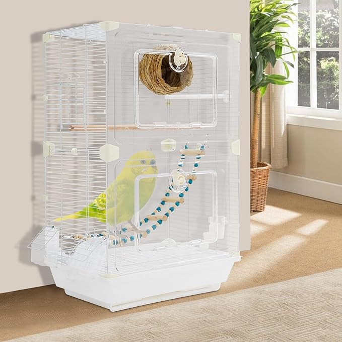 2-Door Wrought Iron Bird Cage Parakeet Cage with Handles, 25" H Parrot Cage Pet Birds Flight Cage, 360° View Interactive Birdcages Bird House Travel Cages for 1-3 Birds (Transparent)