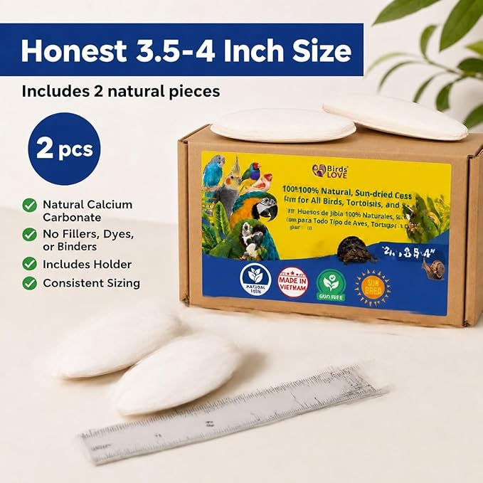 Birds LOVE 3.5-4″ Cuttlebone for Birds – 100% Natural Sun-Dried Calcium & Beak Conditioning Supplement for Parakeets, Budgies, Cockatiels, Finches & Canaries – 2 Pack with Holder – Made in Vietnam