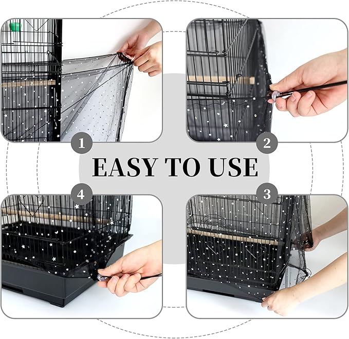 Daoeny 2Pcs Adjustable Bird Cage Cover, Upgraded Airy Nylon Mesh Parrot Net with Sequins, Universal Seed Feather Catcher, Soft Birdcage Cover Skirt Sheer Guard for Parakeet Macaw Round Square Cages