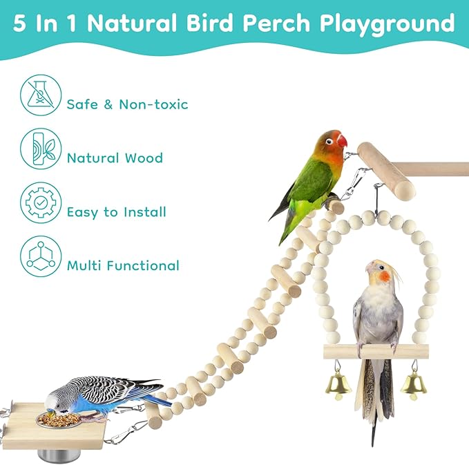DBNESS Bird Perch Toys, Wooden Ladder Perch for Cage, Parrot Platform Stand Colourful Swing Hammock Climbing Bridge Exercise Cage Accessories for Budgies Cockatiels Lovebirds Hamster (5 in 1)