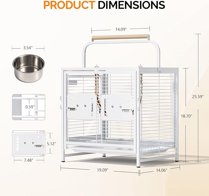 VINGLI Small Bird Cage, 25 inch Travel Carrier Bird Cage with Handle, Wrought Iron Parakeet Cage with Wooden Perch for Parrot Lovebirds Finches Small/Medium Birds (White)
