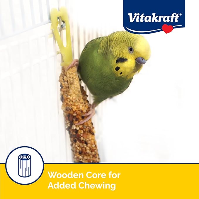 Vitakraft Crunch Sticks Parakeet Treat – 2 Sticks – Sesame and Banana Flavor - Triple Baked with Natural Wood Chew Center - Added Vitamins and Minerals with Cage Clip Holder