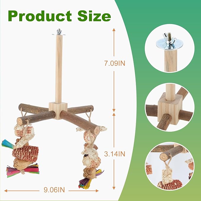 Rotating Bird Perches, Natural Wooden Perch with Chew Toy, Bird Toys for Small & Medium Birds, Large, Natural Wood Color, 1 Set