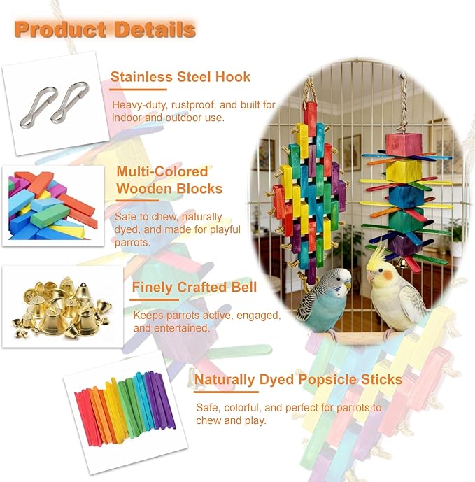 2Pcs Parrot Toys - Natural Wooden Blocks Bird Chewing Toys, Colorful Bird Cage Accessories for Parakeets Cockatiels Lovebirds Conures