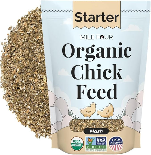 Mile Four Organic Chicken Feed – Starter Chick Mash, Non-GMO, USA Grown, 21% Protein, Corn-Free, Soy-Free, Non-Medicated Chick Feed, 2 lb Sample