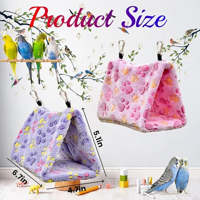2 Pack Bird Nest Plush Snuggle Bird Hammock Hanging Bird Cave Parrot Sleeping Bed Shed Hut Hanging Tent for Budgies Finch Parakeet Cockatiel Cockatoo Lovebird-Foot Pattern (Pink&Purple)