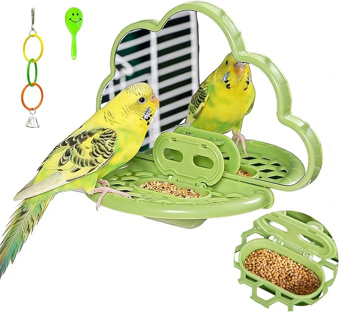 Bird Mirror with Perch,Interactive Birds Toys Slow Feeder for Alleviate Boredom,Parrot Mirror Bird Cage Accessories for Parakeet,Cockatiel, Conure, Lovebird, Finch, Canary,Budgie