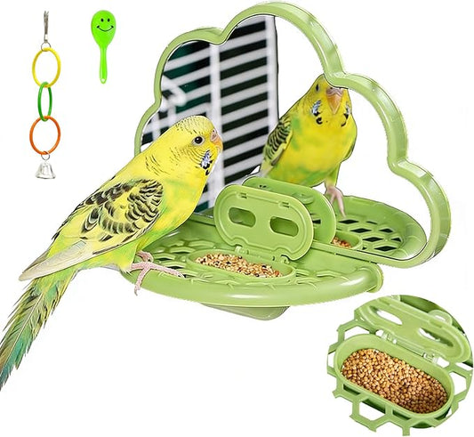 Bird Mirror with Perch,Interactive Birds Toys Slow Feeder for Alleviate Boredom,Parrot Mirror Bird Cage Accessories for Parakeet,Cockatiel, Conure, Lovebird, Finch, Canary,Budgie