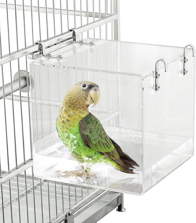 Bird Bath for Cage No-Leakage 6.4inch x 6.4inch Acrylic Clear Bird Bathtub Parrot Parakeets Shower Bird Feeder for Cage Bathtub Box for Small Bird Parrot with 4 Hooks