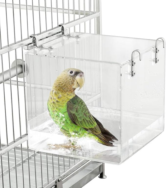 Bird Bath for Cage No-Leakage 6.4inch x 6.4inch Acrylic Clear Bird Bathtub Parrot Parakeets Shower Bird Feeder for Cage Bathtub Box for Small Bird Parrot with 4 Hooks