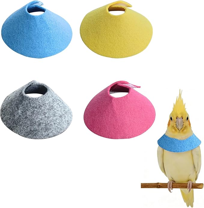 4 PCS Bird Anti-Bite Elizabethan Collar, Recovery Cone Bird Collar,Anti-Grab Feather Plucking Wound Healing Safety Collar, Soft Adjustable Felt Neck Protector for Budgerigar Cockatiel Cockatoo Parrots