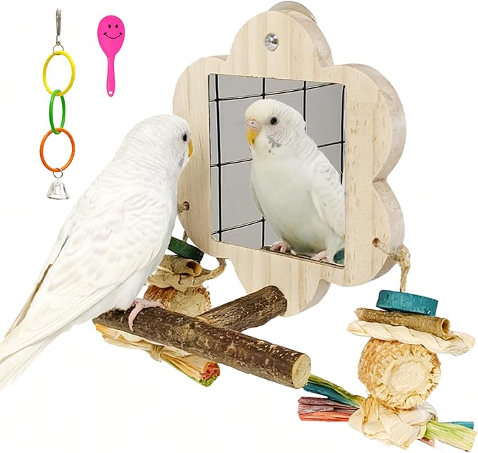 Bird Mirror with Perch, Cockatiel Mirror for Cage, Parakeet Toys with Chew Toy,Bird Cage Accessories for Parrot Conure Lovebirds Finch Canaries (Corn Cob)