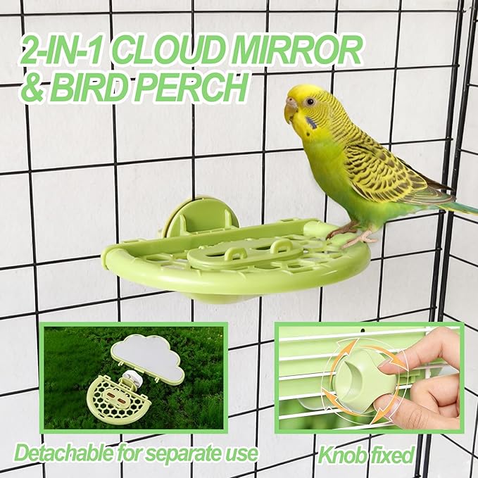 Bird Mirror with Perch,Interactive Birds Toys Slow Feeder for Alleviate Boredom,Parrot Mirror Bird Cage Accessories for Parakeet,Cockatiel, Conure, Lovebird, Finch, Canary,Budgie