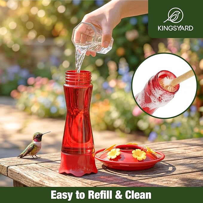 Kingsyard Glass Hummingbird Feeder for Outdoors Hanging, 10 oz Leak-Proof Humming Bird Feeders with Ant Moat & Bee Proof Feeding Ports, Hummingbird Gift for Bird Lovers (Red)