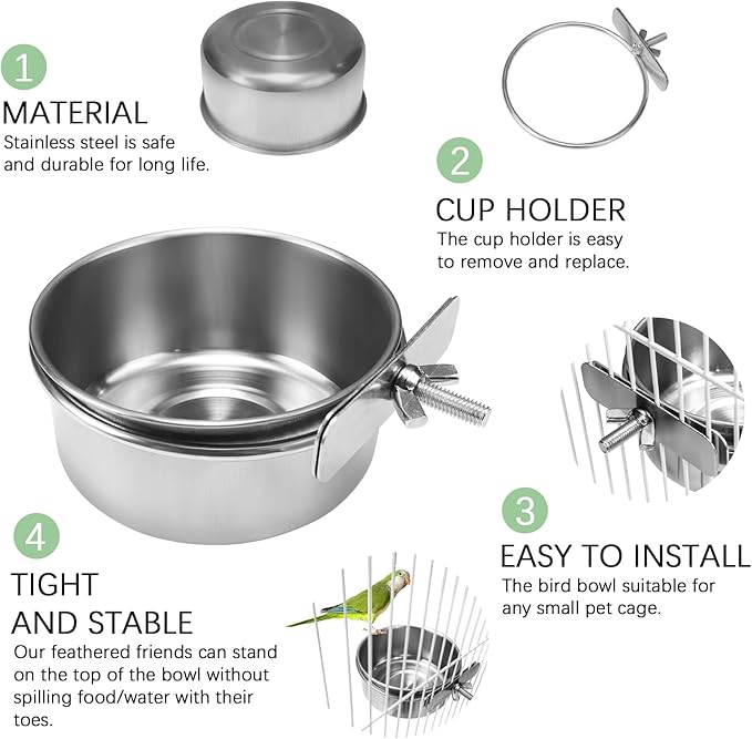 BCHARYA 2 Pack Stainless Steel Bird Food Bowls with Clamp - Rust Proof Metal Feeding Cups for Parrot Cage, Easy Clean Water Dish for Cockatiel Conure Budgie Parakeet Small Animal (3.9 Inch, Silver)