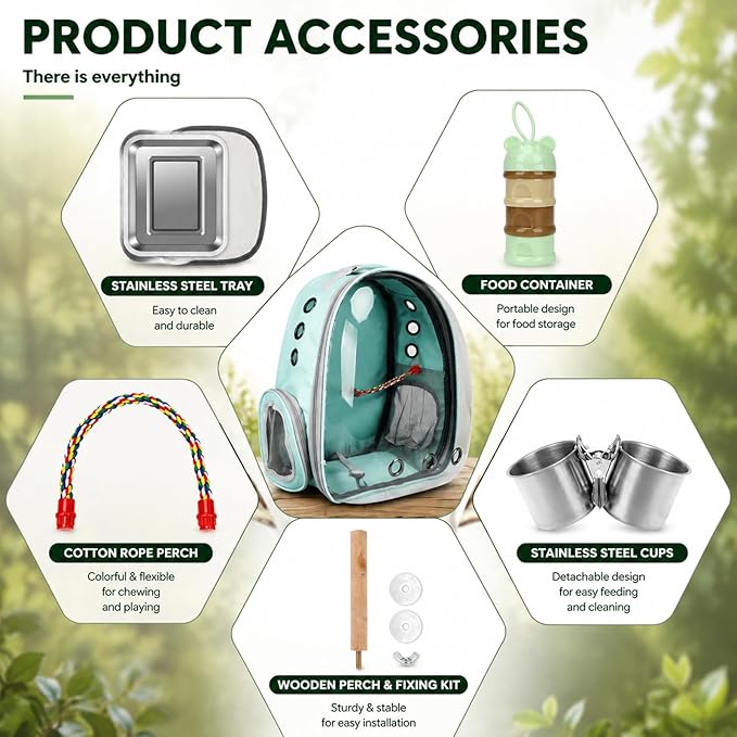 Rypet Bird Carrier Backpack Parrot Portable Breathable Bag Pet Bird Lightweight Travel Cage with Standing Perch and Stainless Steel Tray（Mint Green）