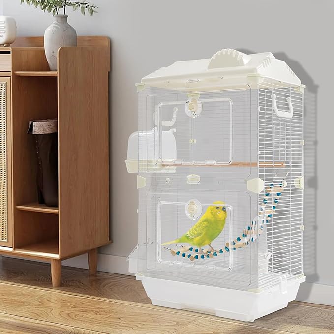 2-Door Wrought Iron Bird Cage Parakeet Cage with Roof & Handles, 28" H Parrot Cage Pet Birds Flight Cage, Interactive Birdcages Bird House Travel Cages for 1-3 Birds (Transparent)