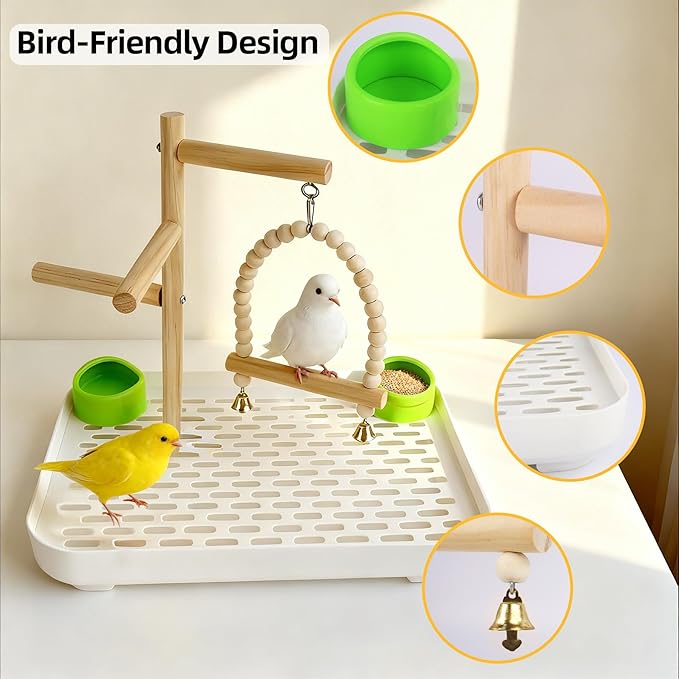4 In 1 Bird Playground Stan with Large Tray, Food Bowl, Wooden Bird Play Stand and Swing, Play Gym & Accessories for Parrots Cockatiels Conures Parakeets Lovebirds