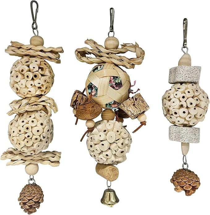 BNOSDM Hanging Bird Toy Sola Balls 3PCS Parrot Shredder Balls Natural Parakeet Foraging Toy Wood Bird Cage Chew Toys for Cockatiel, Budgie, Sun Conure, Quakers, Lovebirds (A)