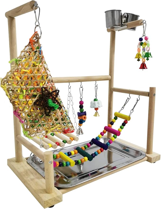 kathson Parrot Playstand Bird Playground Conures Play Stand Wood Perch Gym Playpen Ladder Parakeets Cage Accessories Exercise Toys with Swings Feeder Cups for Cockatoos Lovebirds