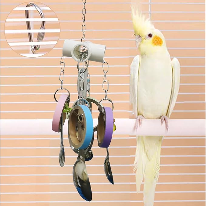 JSLZF Bird Chew Toy for Parrot Durable Scoop and Cardboard Bagel Cockatiel Stainless Steel Spoon Ring Toy Conure Cage Hanging Toy for Lovebirds, Parakeet