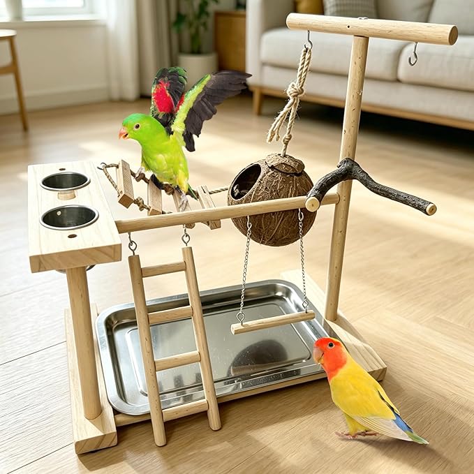 Hamiledyi Parrot Playground Bird Play Stand Natural Wood Parrot Perch Gym with Feeder Cups Cockatiel Nest with Ladder Lovebirds Cage Accessories Toy Exercise Activity Center for Cockatiel Lovebirds