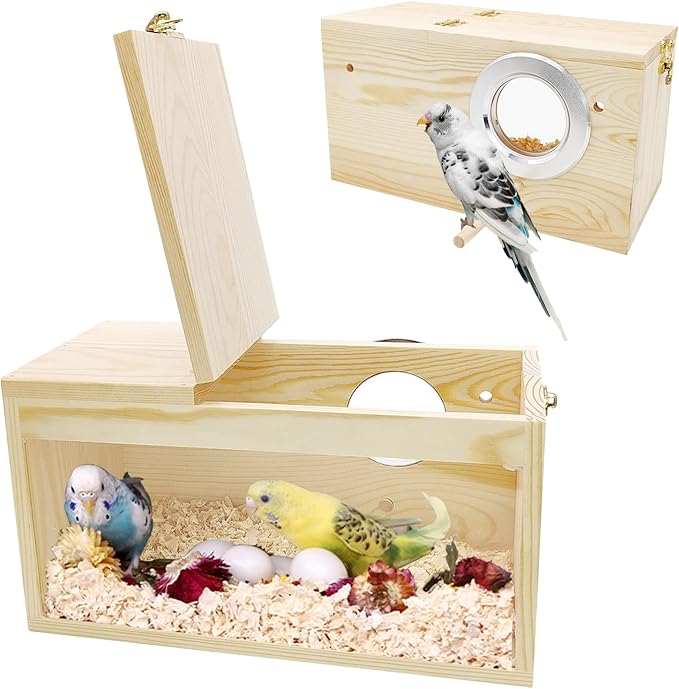 BNOSDM Parakeet Nesting Box Transparent Bird Nest Breeding Box with Perch Wood Bird House for Cage Cockatiel Budgie Lovebirds Conure Finch Parrot Small to Medium Birds (M)
