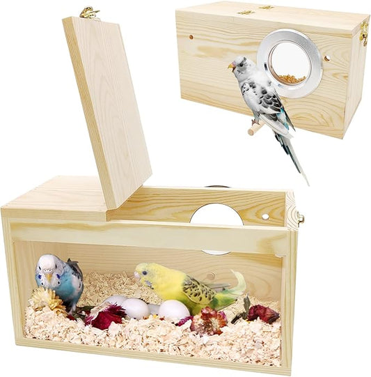 BNOSDM Parakeet Nesting Box Transparent Bird Nest Breeding Box with Perch Wood Bird House for Cage Cockatiel Budgie Lovebirds Conure Finch Parrot Small to Medium Birds (M)