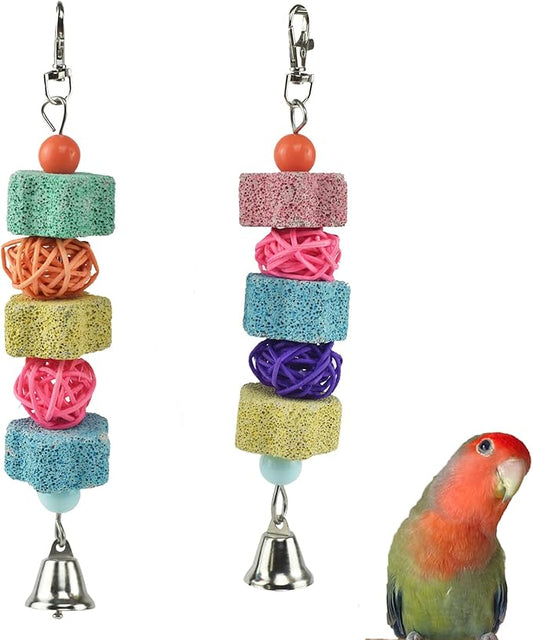 2 Pack Parakeets Parrot Chewing Toy, Bird Beak Grinding Stone Lava Calcium Blocks, Hanging Bird Cage Nail Trimmer with Bell Rattan Balls for Small Parrots Cockatiel Budgies Lovebirds Rats Chinchilla