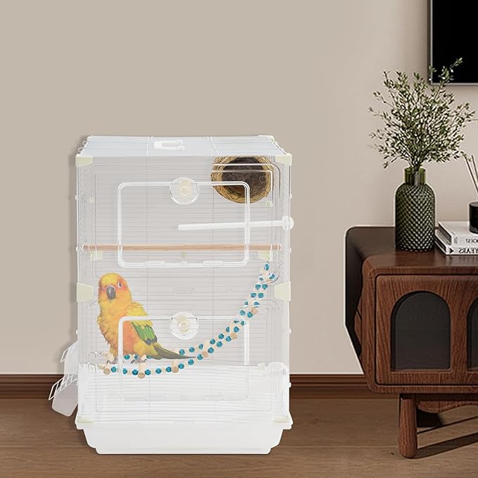 2-Door Wrought Iron Bird Cage Parakeet Cage with Handles, 25" H Parrot Cage Pet Birds Flight Cage, 360° View Interactive Birdcages Bird House Travel Cages for 1-3 Birds (Transparent)