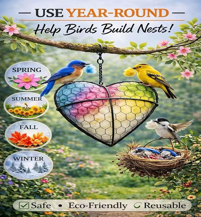 Handmade Alpaca Fiber Heart Bird Nesting Holder for Garden Birds — Cozy Outdoor Gift-Pastel