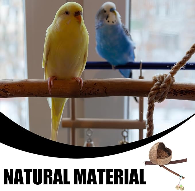 Ipetboom Coconut Bird Nest: Natural Coconut Shell Bird Nest - House Hut Cage with Perch Bell House - Hut Cage for Pet Parrot Parakeet