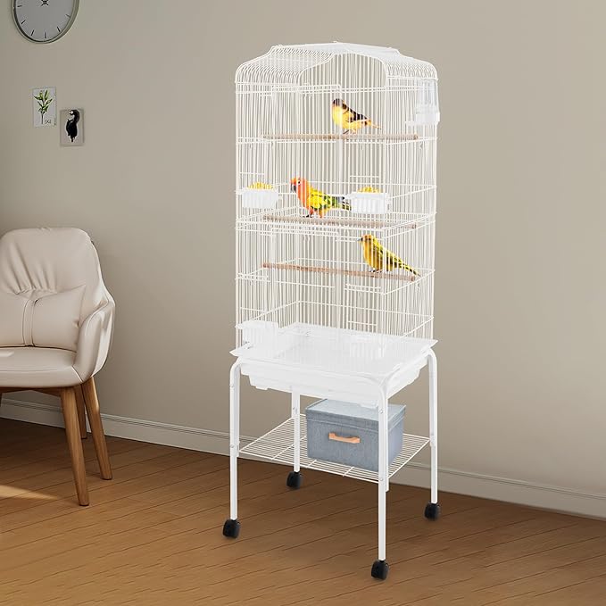 Large Bird Cage with Rolling Stand, Parrot Cage for Parakeets Cockatiels Conures, Heavy Duty Metal Birdcage with Wheels, Removable Tray & Storage Shelf for Indoor Use (White)
