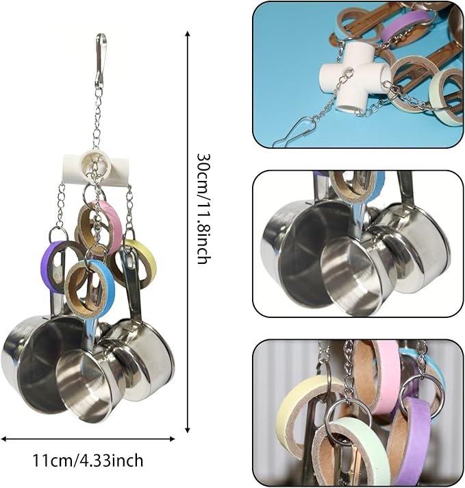LWINGFLYER Stainless Steel Parrot Toys, Pullable Stainless Steel Cup and Cardboard Ring Toys Hanging Chew Bird Toys for Large Parrots，African Grey, Amazon Parrots