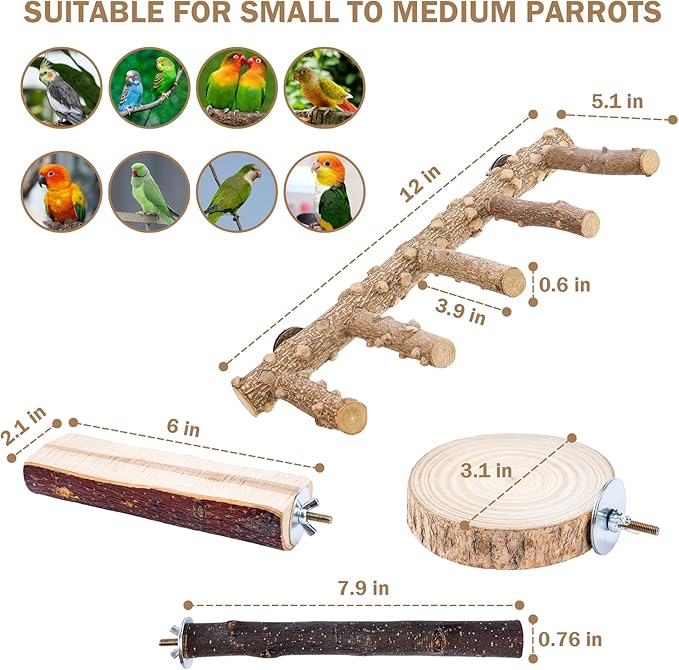 Bird Perches for Cage, 7PCS Natural Wood Bird Cage Accessories, Parakeet Toys Parrot Perch Stand for Parakeets, Budgies, Cockatiels, Lovebirds, Conures, Bird Ladder