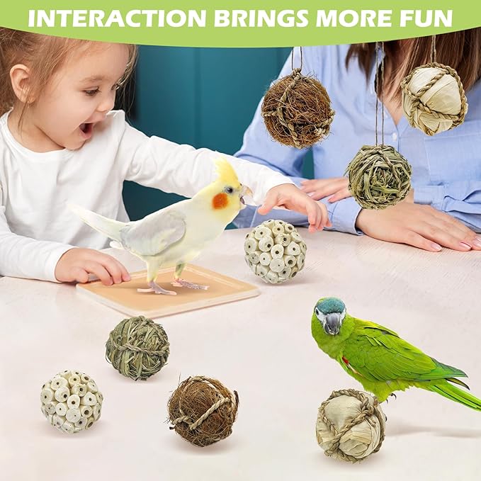 BNOSDM 8PCS Natural Bird Chew Toys Lightweight Conure Foot Toy Sola Balls Shred Toy Interactive Parrot Foraging Toys Bird Chew Balls with Hemp Rope Hook for Budgies Cockatiels Parakeets Senegal